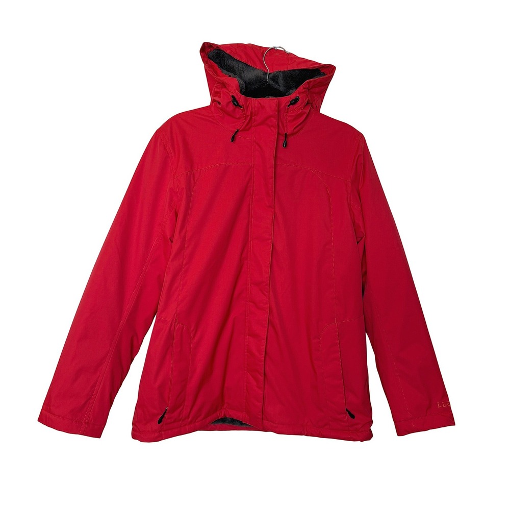 L.L. Bean Women Red Warm-Up Jacket Fleece Lined Hooded Waterproof Coat Large